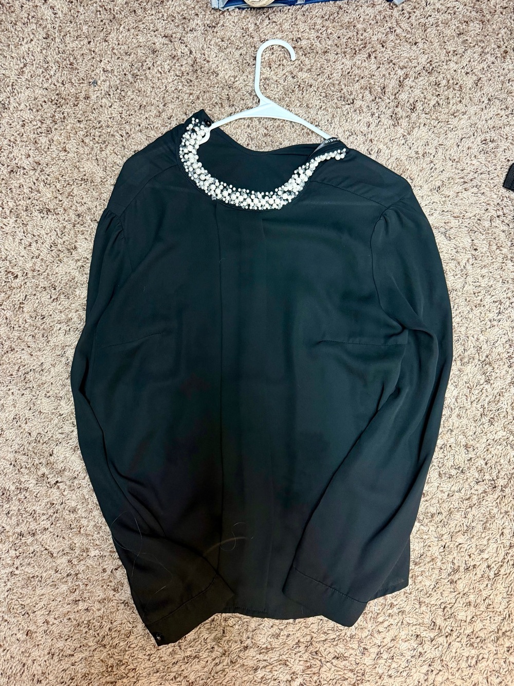 SHEIN Black Long Sleeve Top with Pearl Beaded Collar